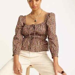 Le Lis square neck smocked cinched top animal print brown black long sleeve sz S